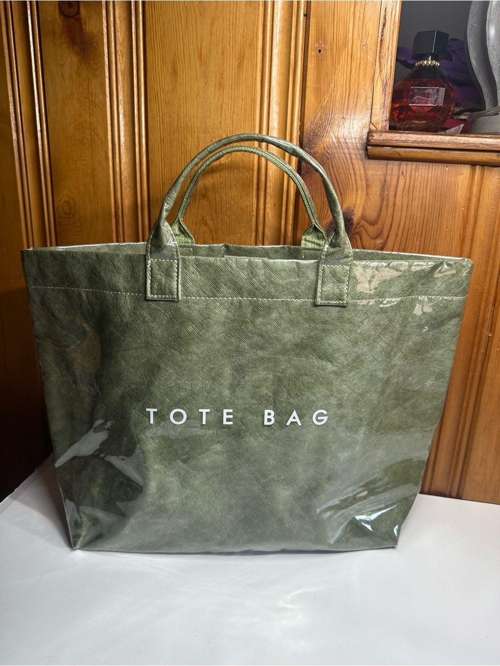 totes Olive Green Glossy Tote Bag with White Logo